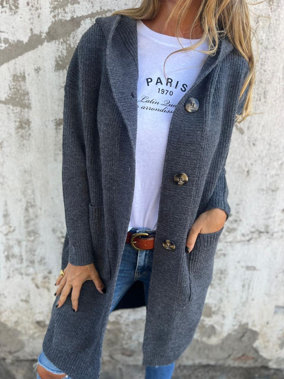 Knitted Long Women's Cardigan with Hood - Liv-Gray-S-Nora Luxe