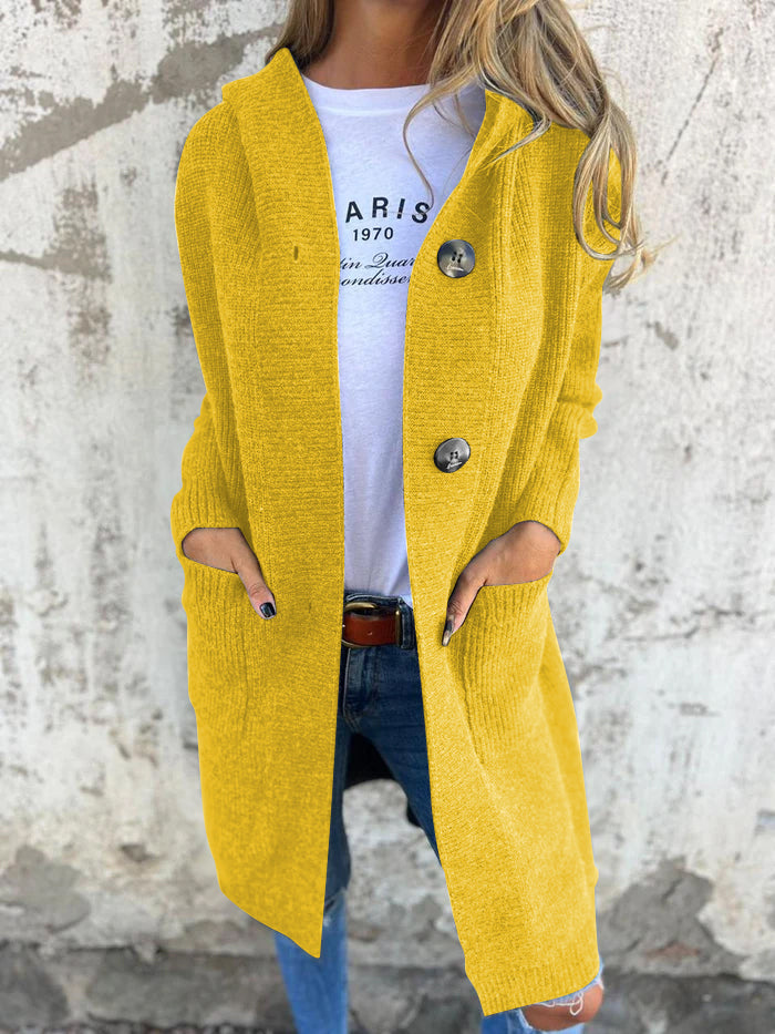Knitted Long Women's Cardigan with Hood - Liv-Yellow-S-Nora Luxe