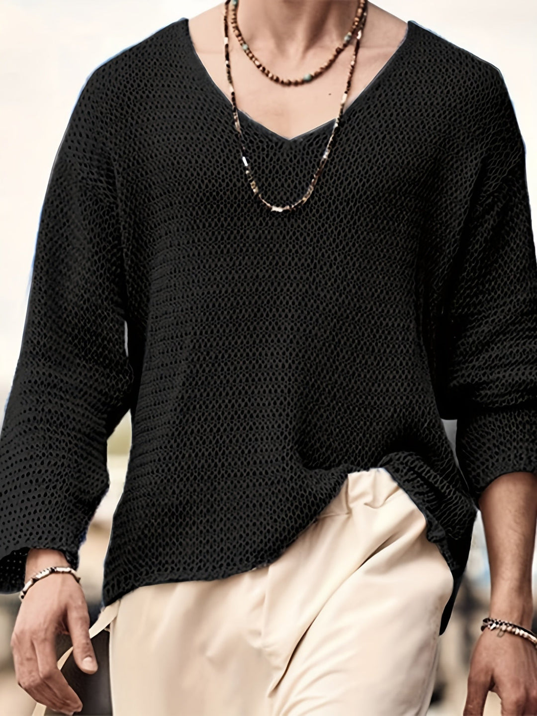 Knitted Men's Top with V-Neck and Long Sleeves – Eliott-Black-S-State of Style
