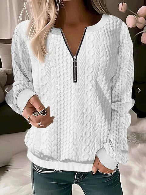 Knitted Sweater with Round Neck and Jacquard Pattern - Tessa-White-S-Nora Luxe