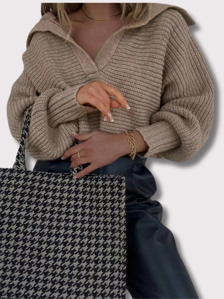 Knitted V-Neck Sweater - Isolde-Khaki-S-Nora Luxe