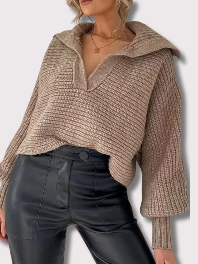 Knitted V-Neck Sweater - Isolde-Khaki-S-Nora Luxe