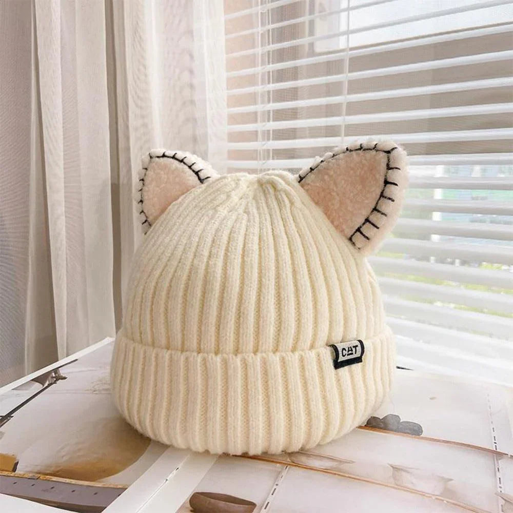 Knitted Winter Hat with Cat Ears - PurrWarm-Beige-1-Nora Luxe