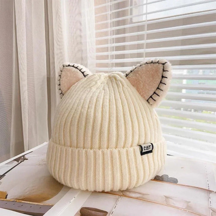Knitted Winter Hat with Cat Ears - PurrWarm-Beige-1-Nora Luxe