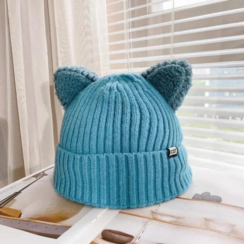 Knitted Winter Hat with Cat Ears - PurrWarm-Blue-1-Nora Luxe