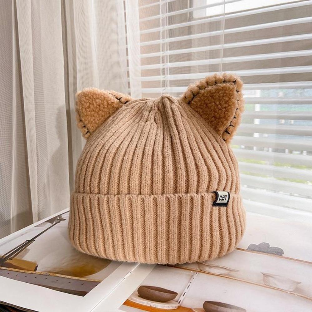 Knitted Winter Hat with Cat Ears - PurrWarm-Khaki-1-Nora Luxe