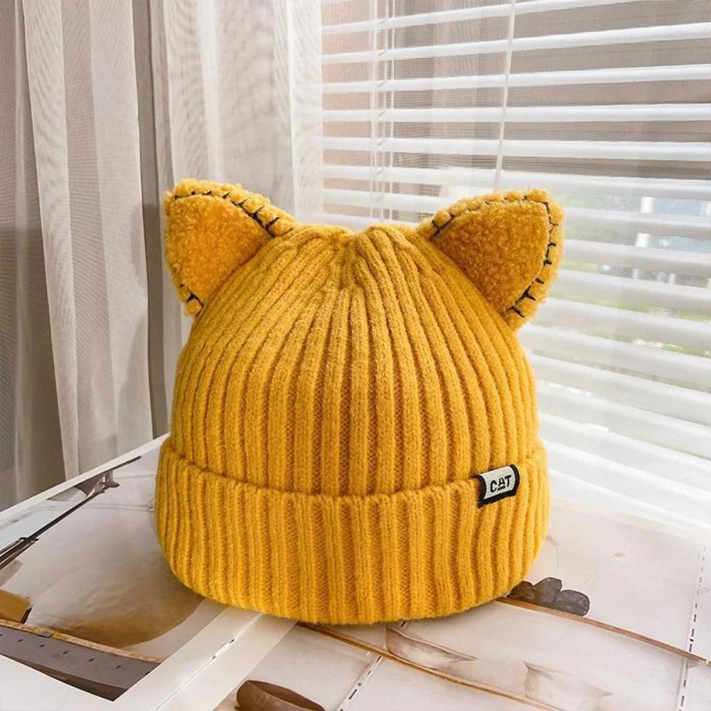 Knitted Winter Hat with Cat Ears - PurrWarm-Yellow-1-Nora Luxe