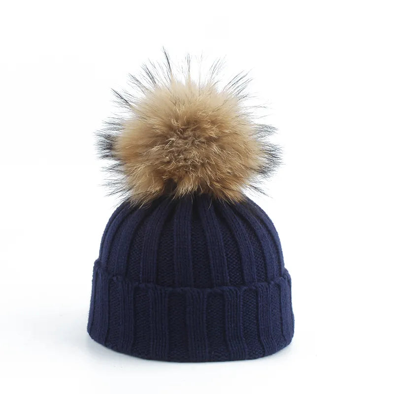 Knitted Winter Pom-Pom Hat - Felina-Dark Blue-Nora Luxe