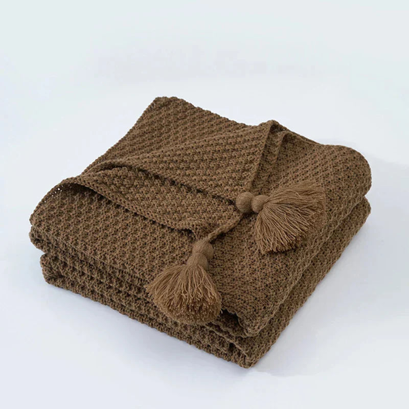 Knitted Wool Blanket with Tassels - NordicCozy-Brown-43.31 × 59.06 in-Nora Luxe