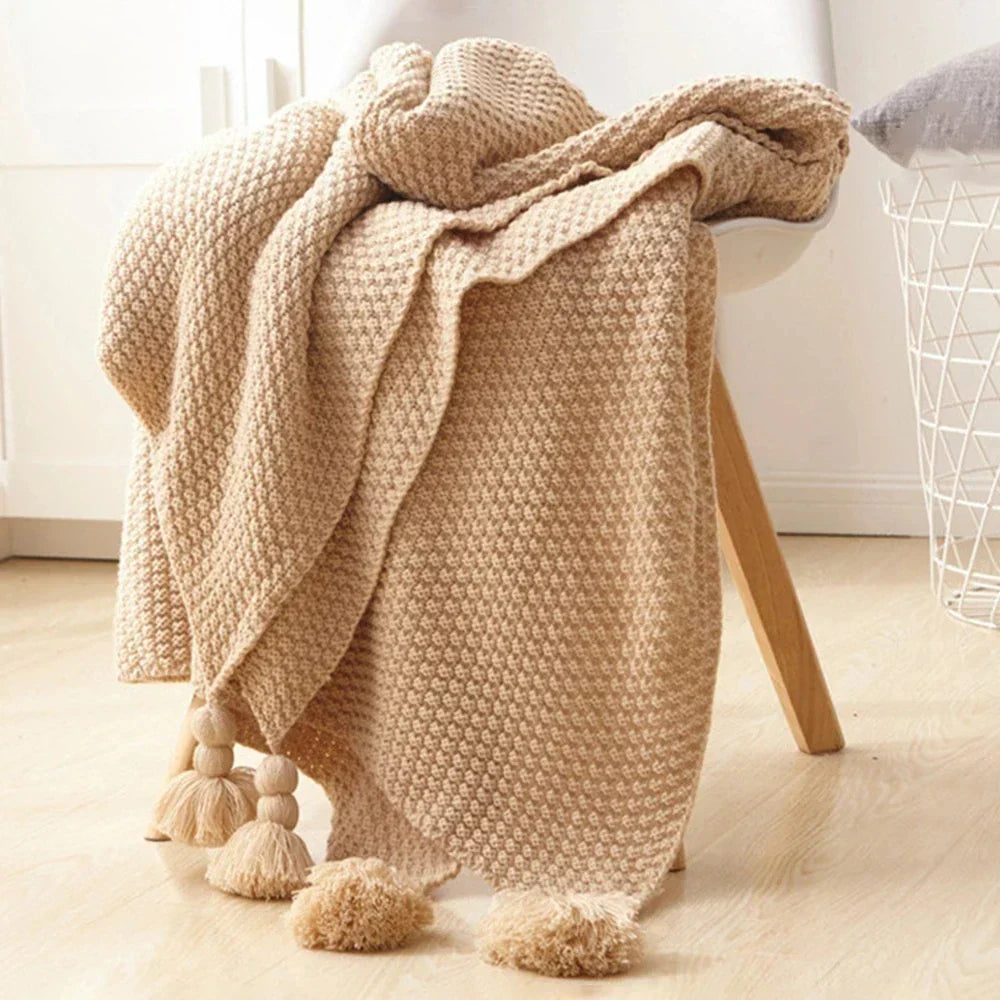Knitted Wool Blanket with Tassels - NordicCozy-Deep Green-43.31 × 59.06 in-Nora Luxe