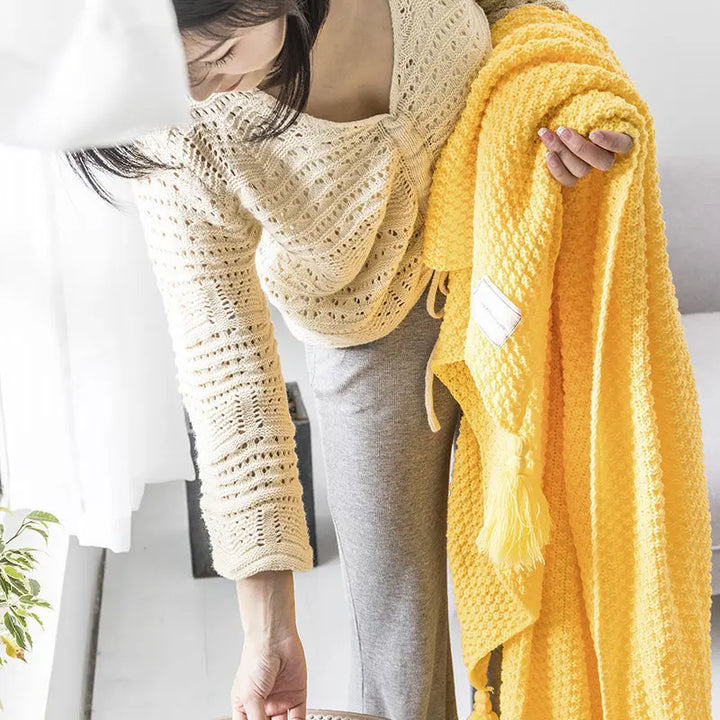 Knitted Wool Blanket with Tassels - NordicCozy-Deep Green-43.31 × 59.06 in-Nora Luxe