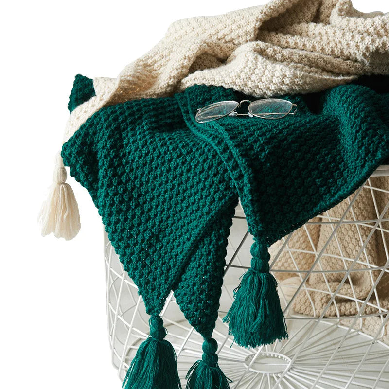 Knitted Wool Blanket with Tassels - NordicCozy-Deep Green-43.31 × 59.06 in-Nora Luxe