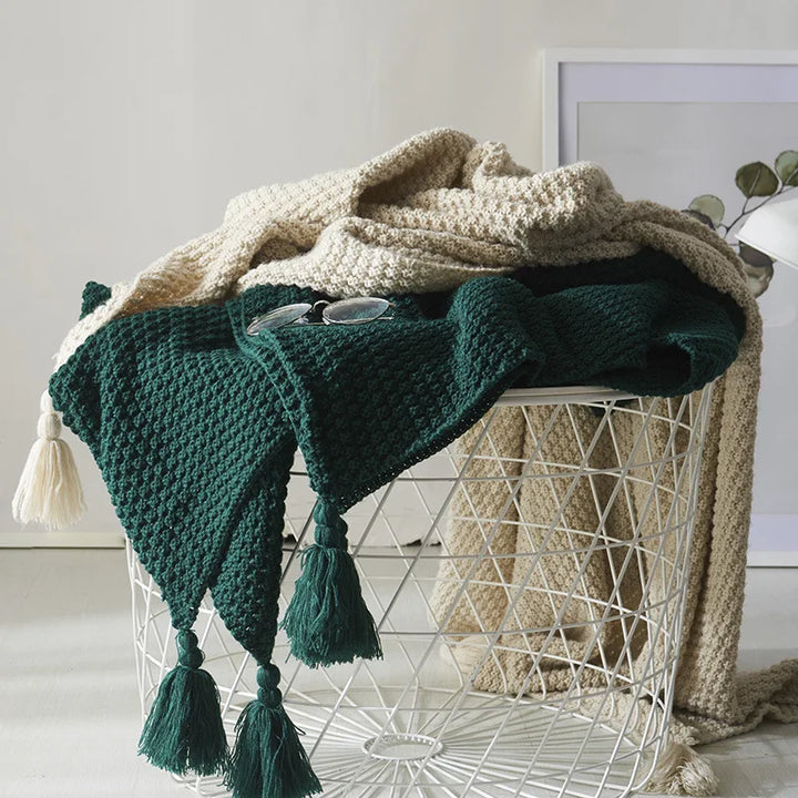 Knitted Wool Blanket with Tassels - NordicCozy-Deep Green-43.31 × 59.06 in-Nora Luxe