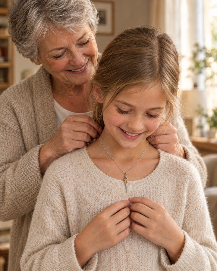 Hug pendant necklace being fastened on a girl, another view.