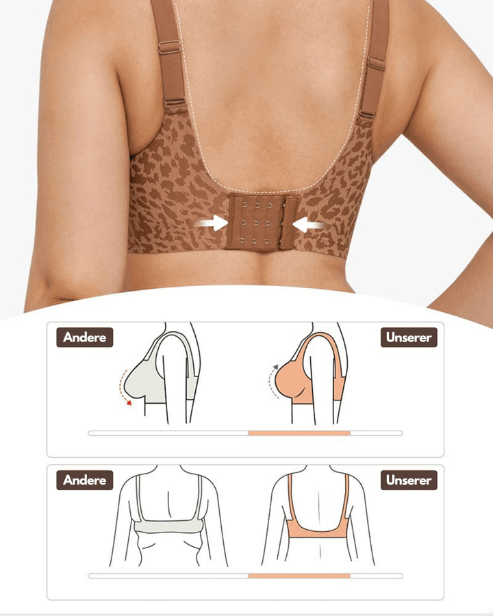 Another view of the leopard print bra showing the back straps and hook closure.