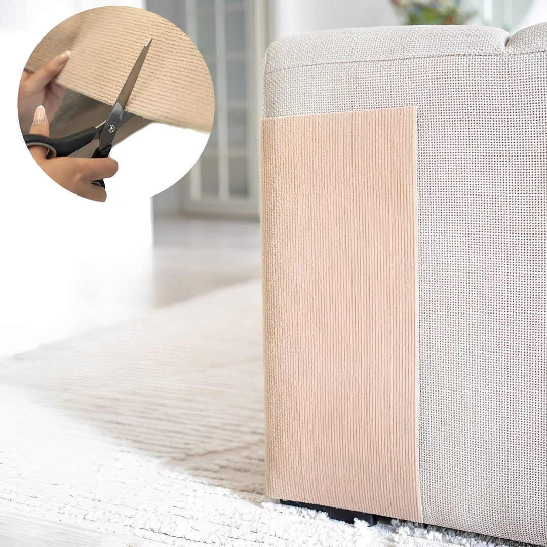 Beige scratch mat applied to the corner of a light gray sofa, with an inset of scissors cutting the material. 6