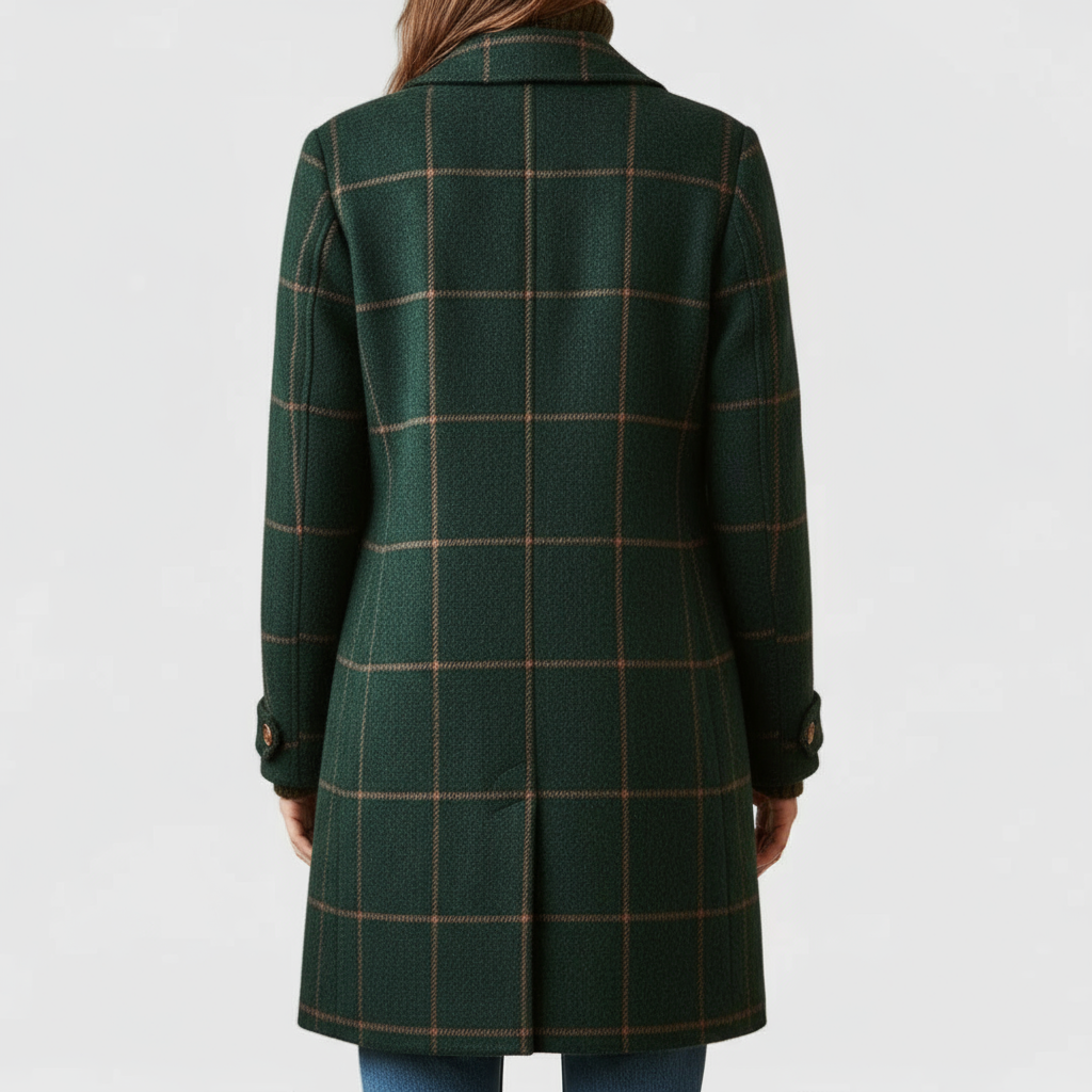 Women's plaid coat in green, back view, showing the plaid pattern, center vent and buttoned sleeve tabs.