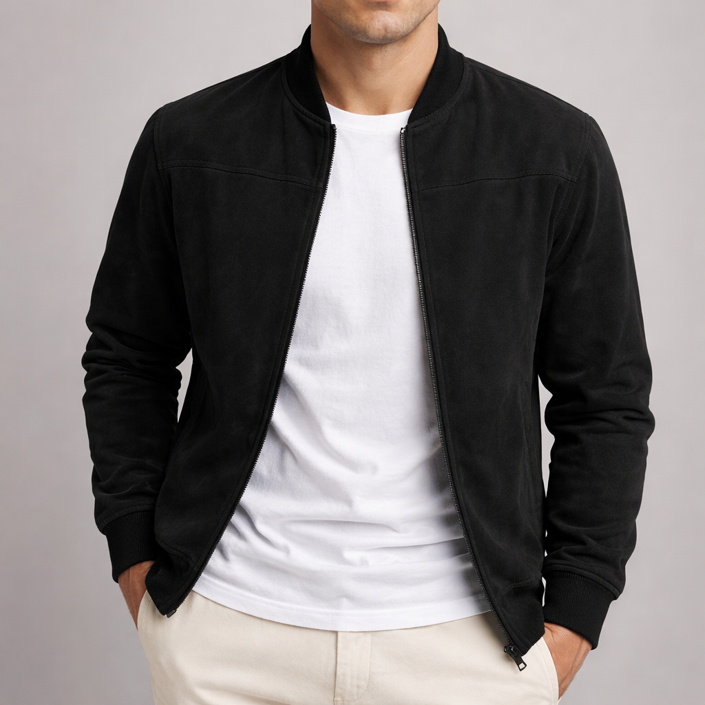 Front view of the jacket in black, worn open over a white tee with hands in the pockets.