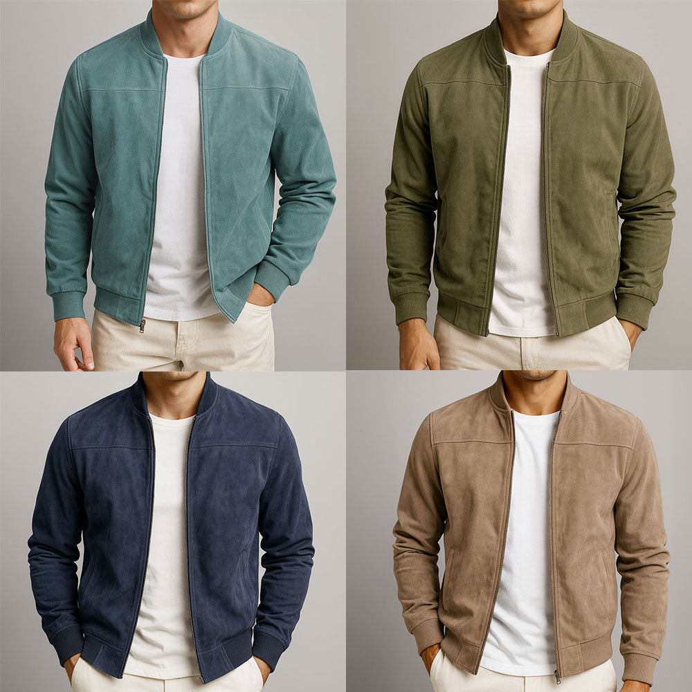 Collage of four front views showing the jacket in teal, olive green, navy and tan, each over a white tee.