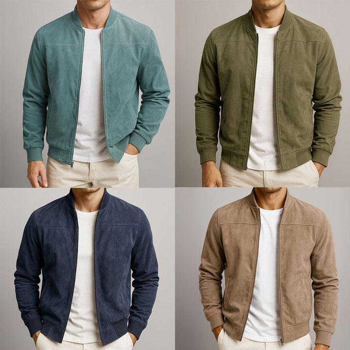 Collage of four front views showing the jacket in teal, olive green, navy and tan, each over a white tee.