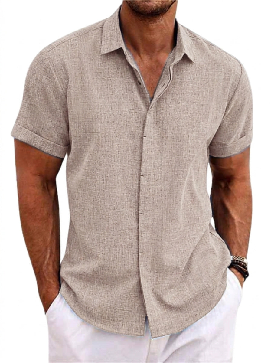Men's Short-Sleeve Textured Linen Shirt in taupe with cuffed sleeves and a hidden button placket.