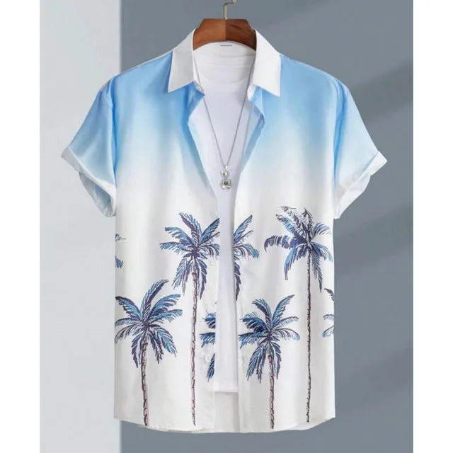 Herrenhemd mit Palmenmuster, blau-weiß, Kurzarm, Sommermode, Freizeitkleidung.