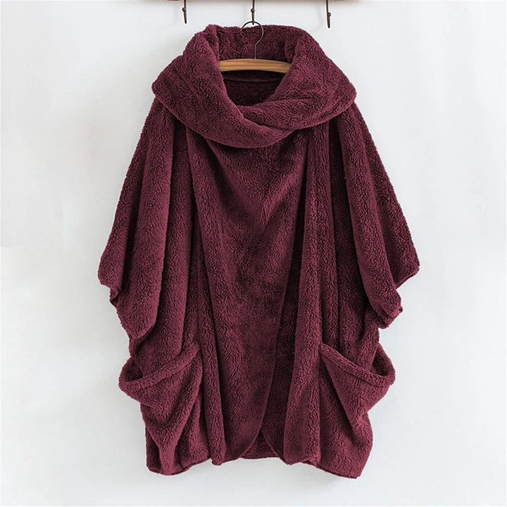 Bordeauxfarbener Fleece-Poncho mit Kapuze, gemütlich, warm, Damenmode, Herbst-Winter.
