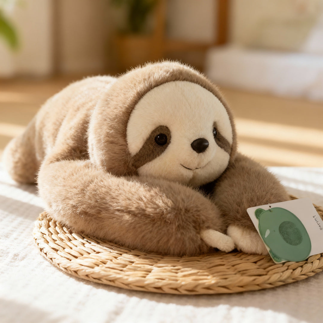Sloth plush with brown fur and a cream face lying on a woven straw mat, its long arms curled in front. 12
