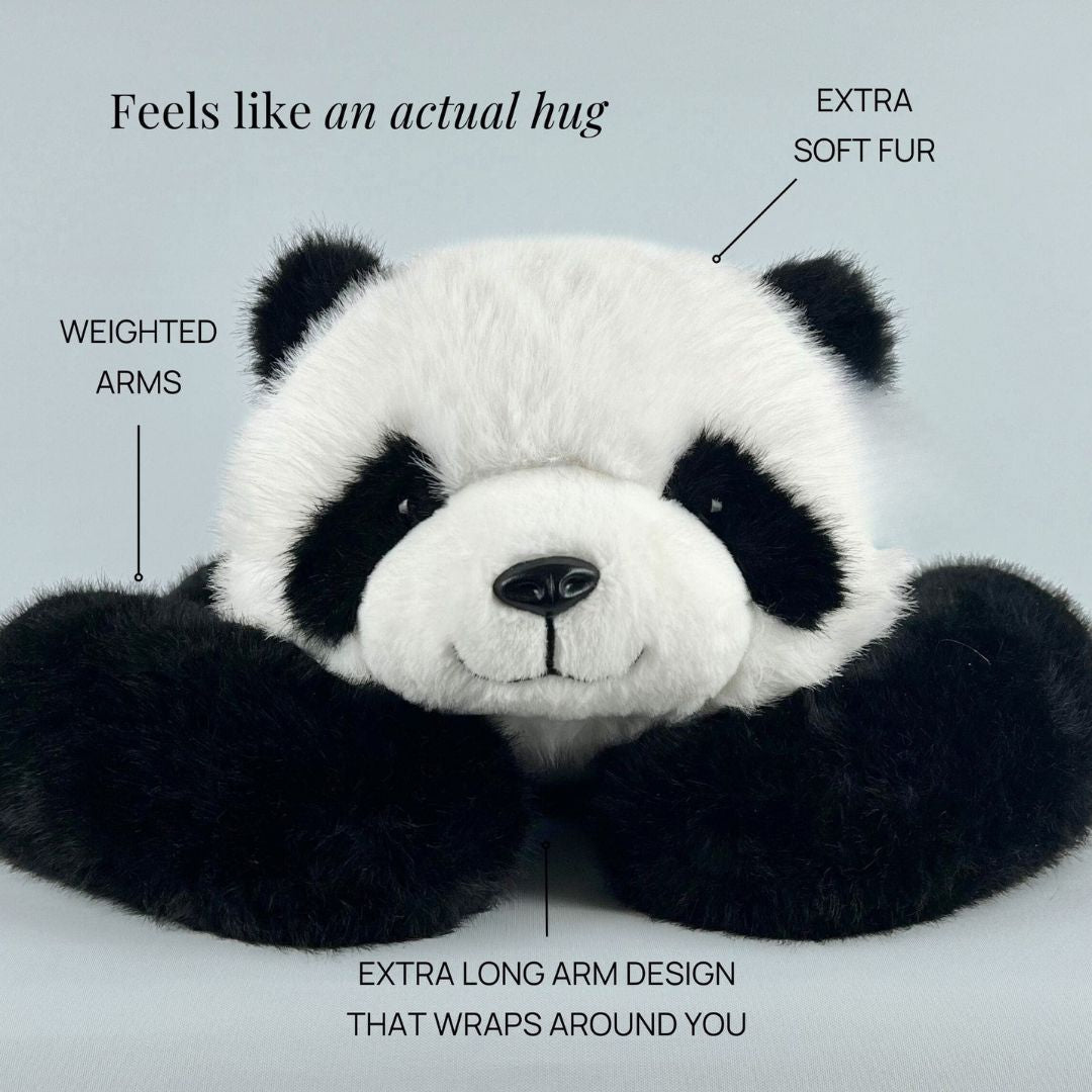 Front view of the panda plush with arms stretched out, labeled to point out the soft fur, weighted arms and extra long arm design. 5