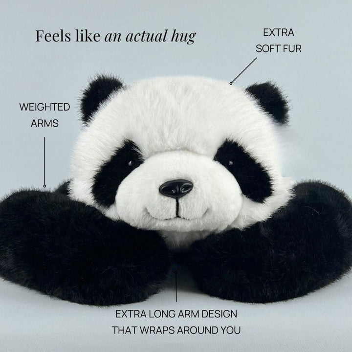 Front view of the panda plush with arms stretched out, labeled to point out the soft fur, weighted arms and extra long arm design. 5