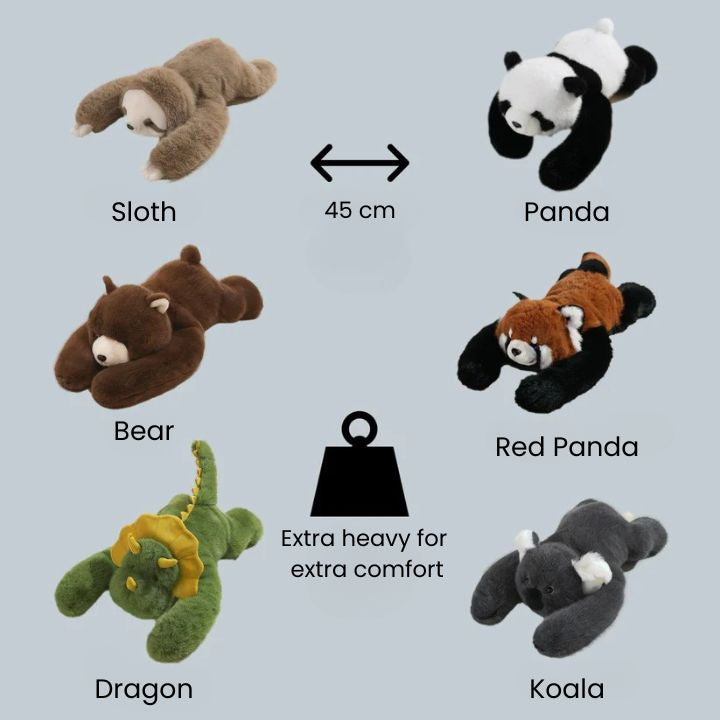 Size and variety chart showing six plush animals lying down: sloth, panda, bear, red panda, dragon and koala. 8