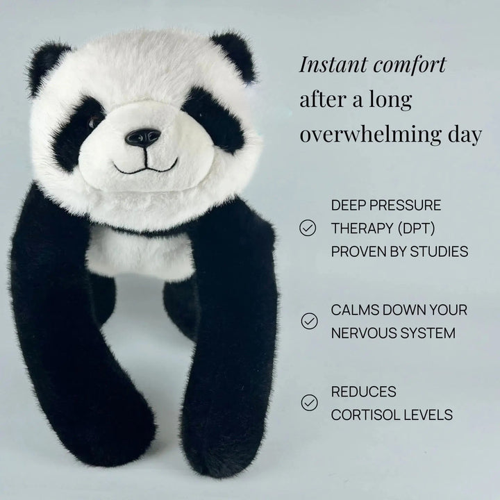 Panda plush facing the camera with long black arms hanging down, shown beside a list of calming deep pressure benefits. 4