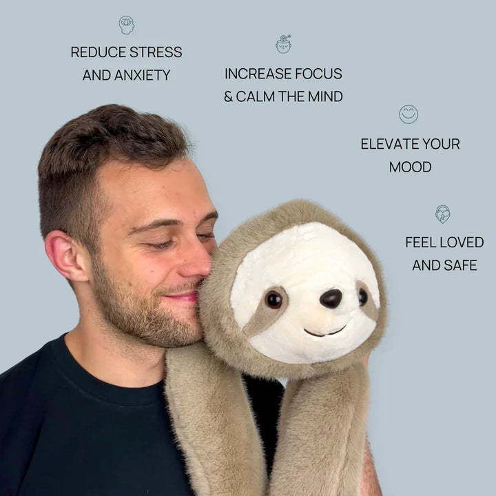 Smiling bearded man resting his cheek against a sloth plush whose long arms drape over his shoulders, with benefit icons around. 7