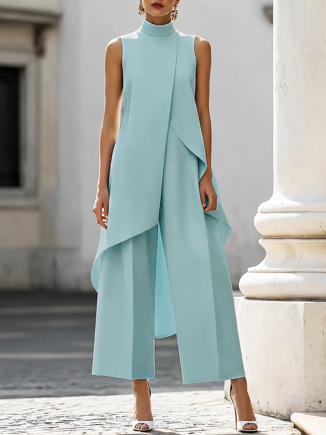 Women's Two-Piece Asymmetric Top and Wide-Leg Pants Set in light aqua blue, another view.
