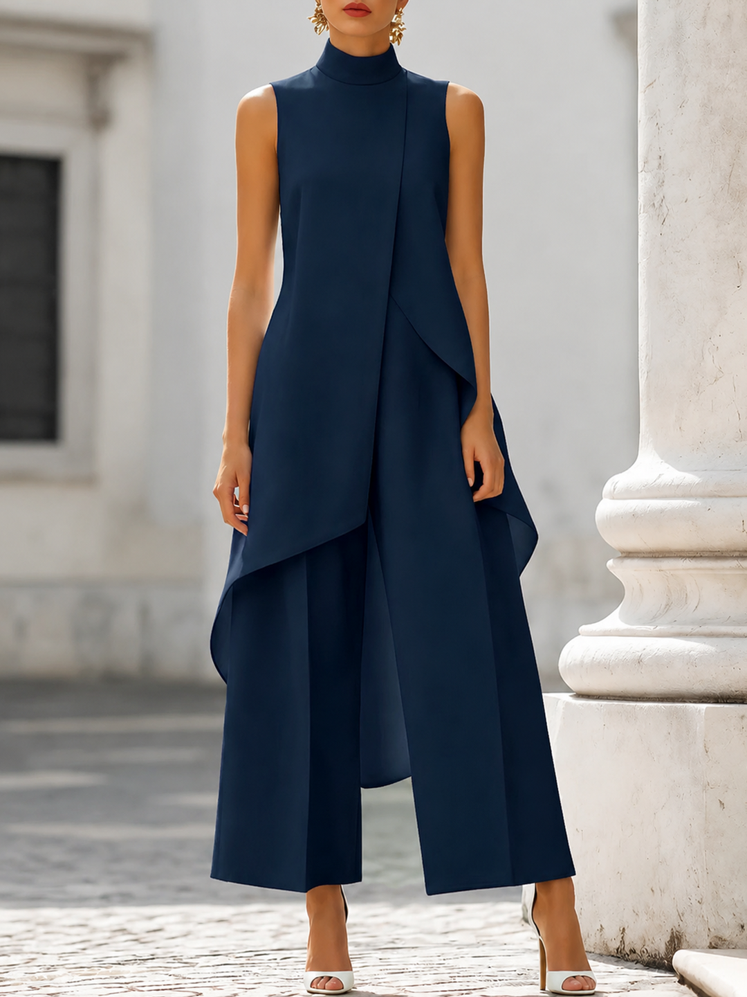 Women's Two-Piece Asymmetric Top and Wide-Leg Pants Set in navy blue, another view.