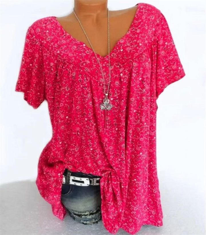 Ladies Boho Summer Blouse with Floral Print - Celeste-Pink Red-S-Nora Luxe