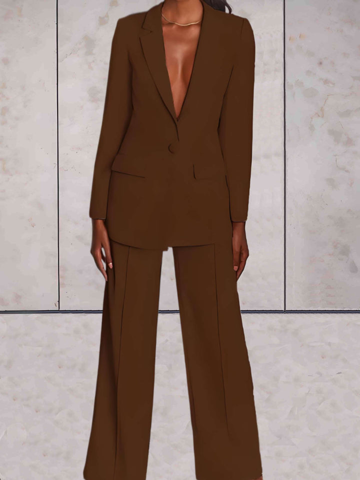 Ladies' business two-piece set with blazer & wide-leg trousers – Emilia-Brown-S-Nora Luxe