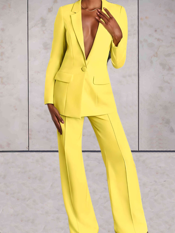 Ladies' business two-piece set with blazer & wide-leg trousers – Emilia-Yellow-S-Nora Luxe