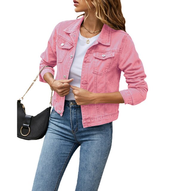 Ladies Casual Denim Jacket - Jade-Pink-S-Nora Luxe
