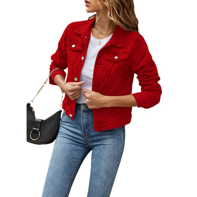 Ladies Casual Denim Jacket - Jade-Red-S-Nora Luxe