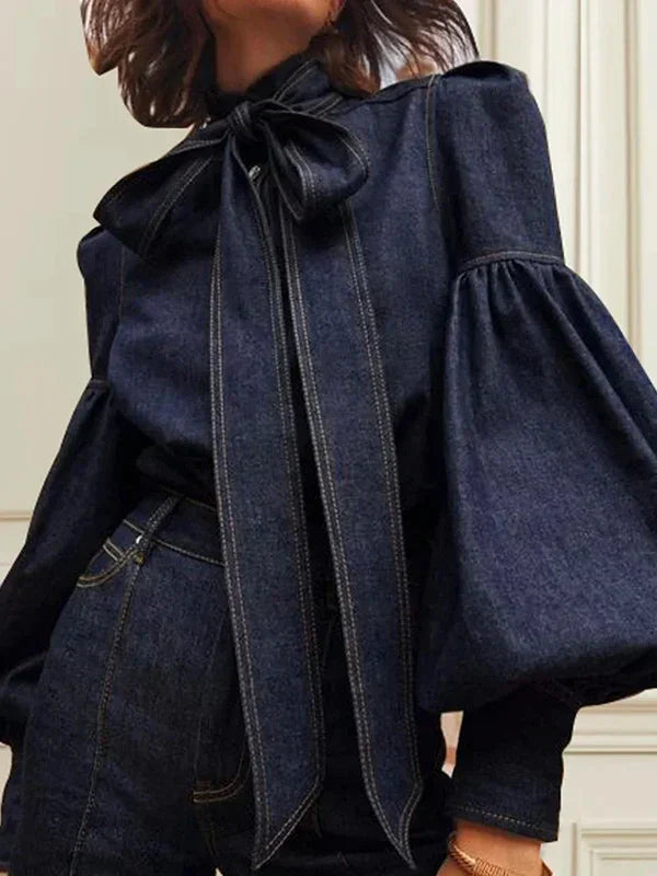 Ladies Denim Blouse with Puff Sleeves - Riva-S-Nora Luxe