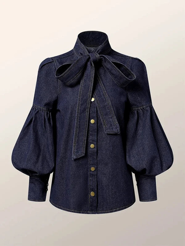 Ladies Denim Blouse with Puff Sleeves - Riva-S-Nora Luxe