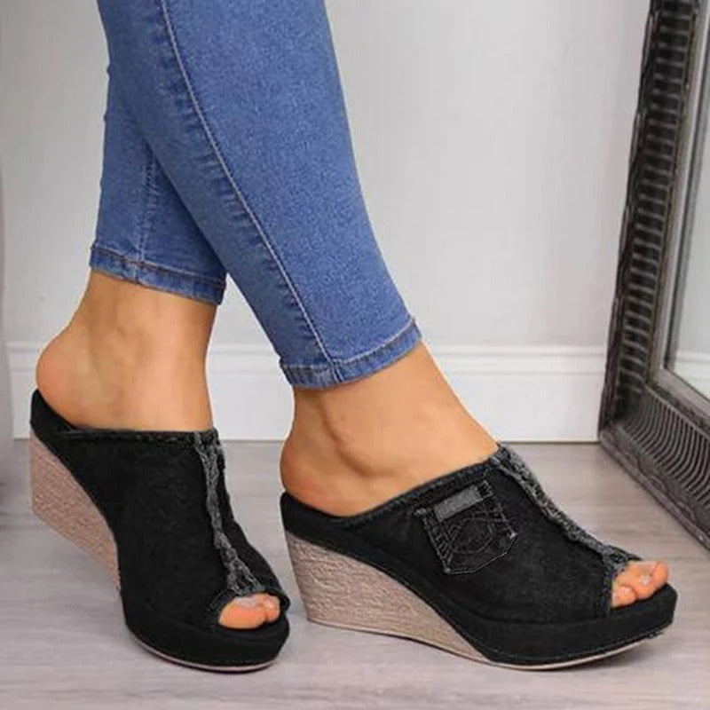 Ladies' denim wedge sandals – Elisabetta-Black-3-Nora Luxe