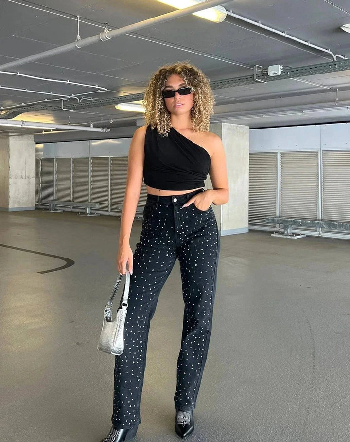 Ladies Glitter Jeans for a Sparkling Look - Jade-Blue Grey-S-The Livary