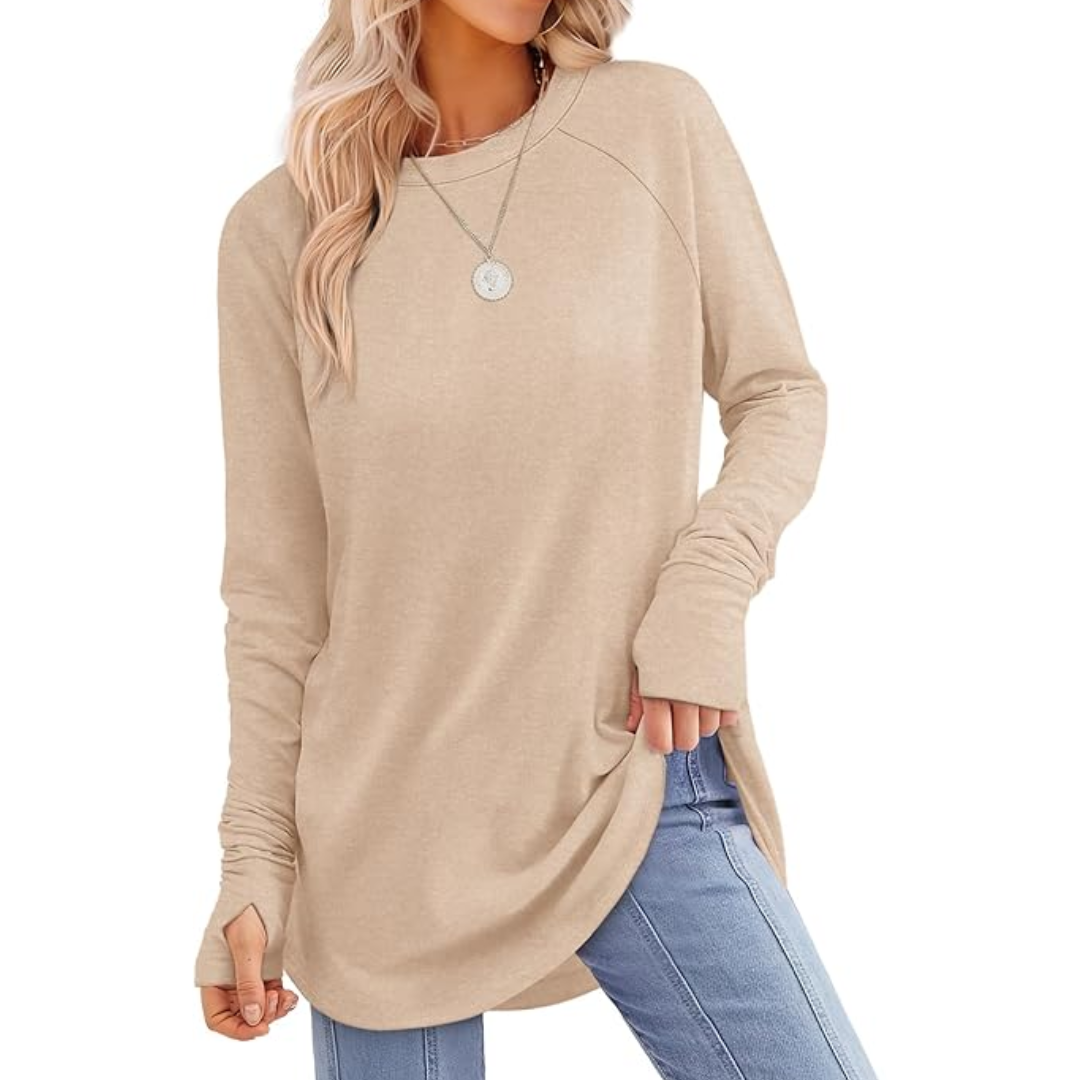 Ladies Long Sleeve Tunic Top with Thumbholes - Tamari-Beige-S-Nora Luxe