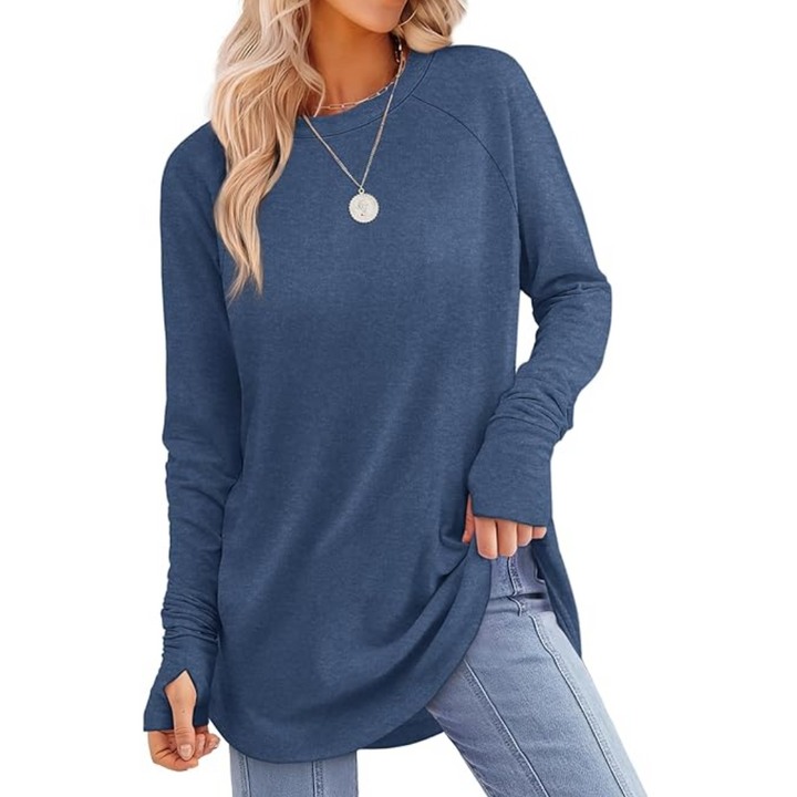 Ladies Long Sleeve Tunic Top with Thumbholes - Tamari-Blue-S-Nora Luxe