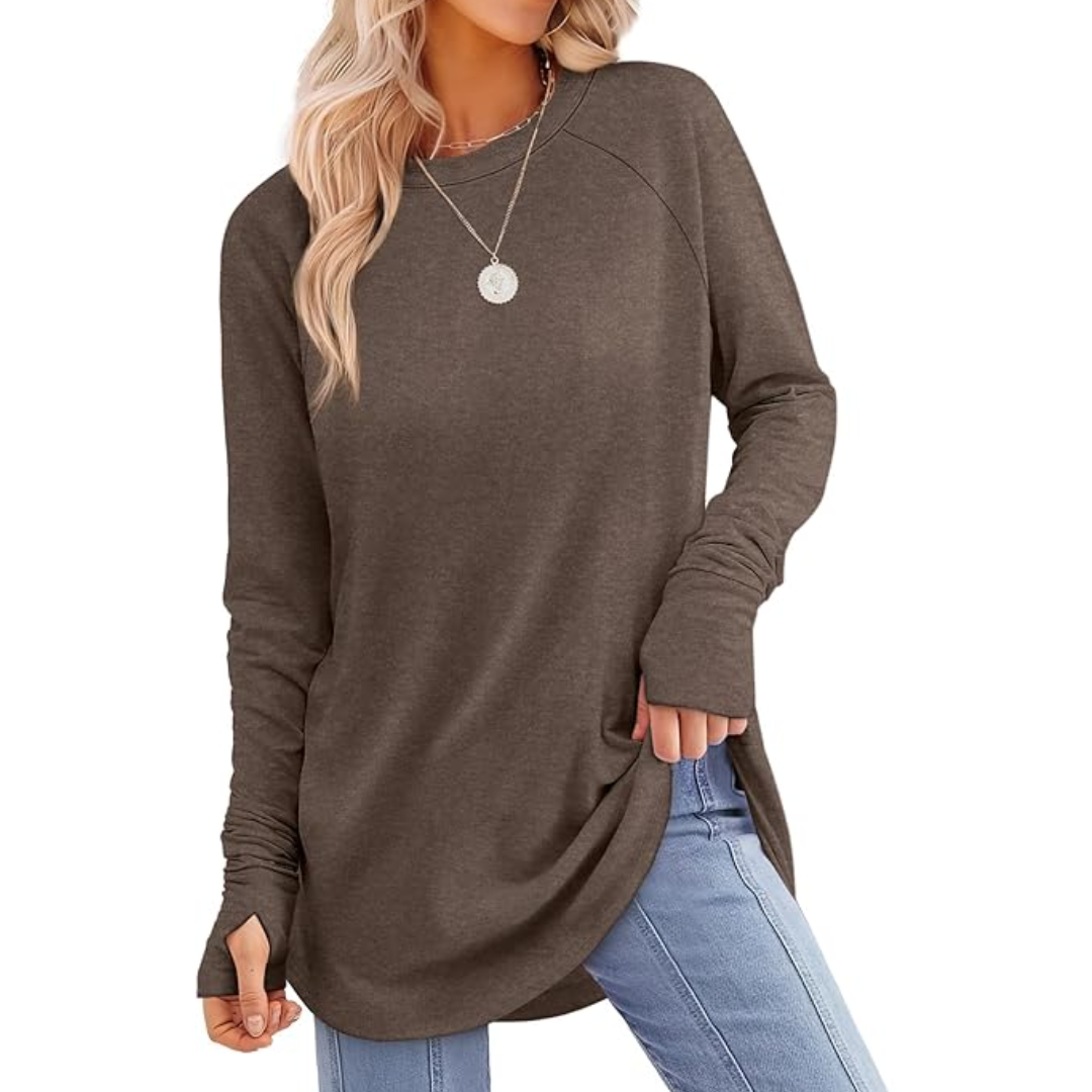 Ladies Long Sleeve Tunic Top with Thumbholes - Tamari-Coffee-S-Nora Luxe