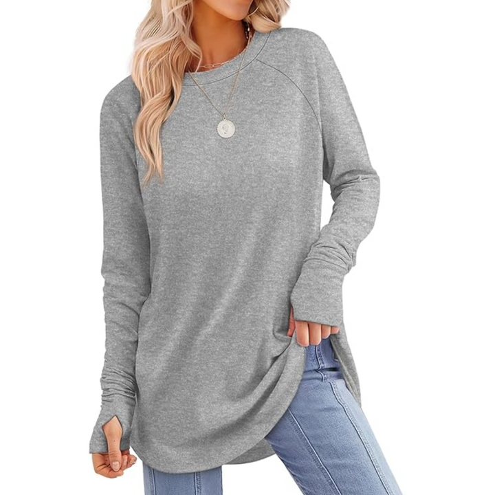 Ladies Long Sleeve Tunic Top with Thumbholes - Tamari-Gray-S-Nora Luxe