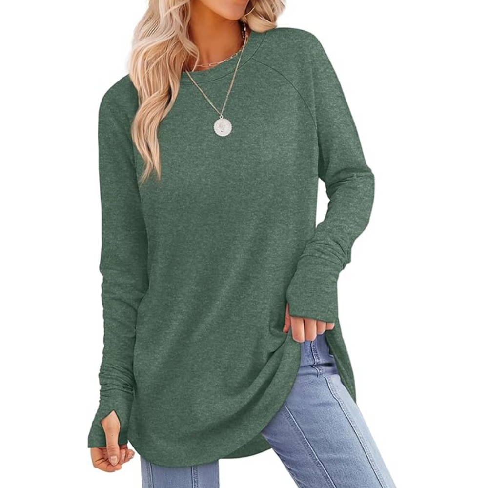 Ladies Long Sleeve Tunic Top with Thumbholes - Tamari-Green-S-Nora Luxe