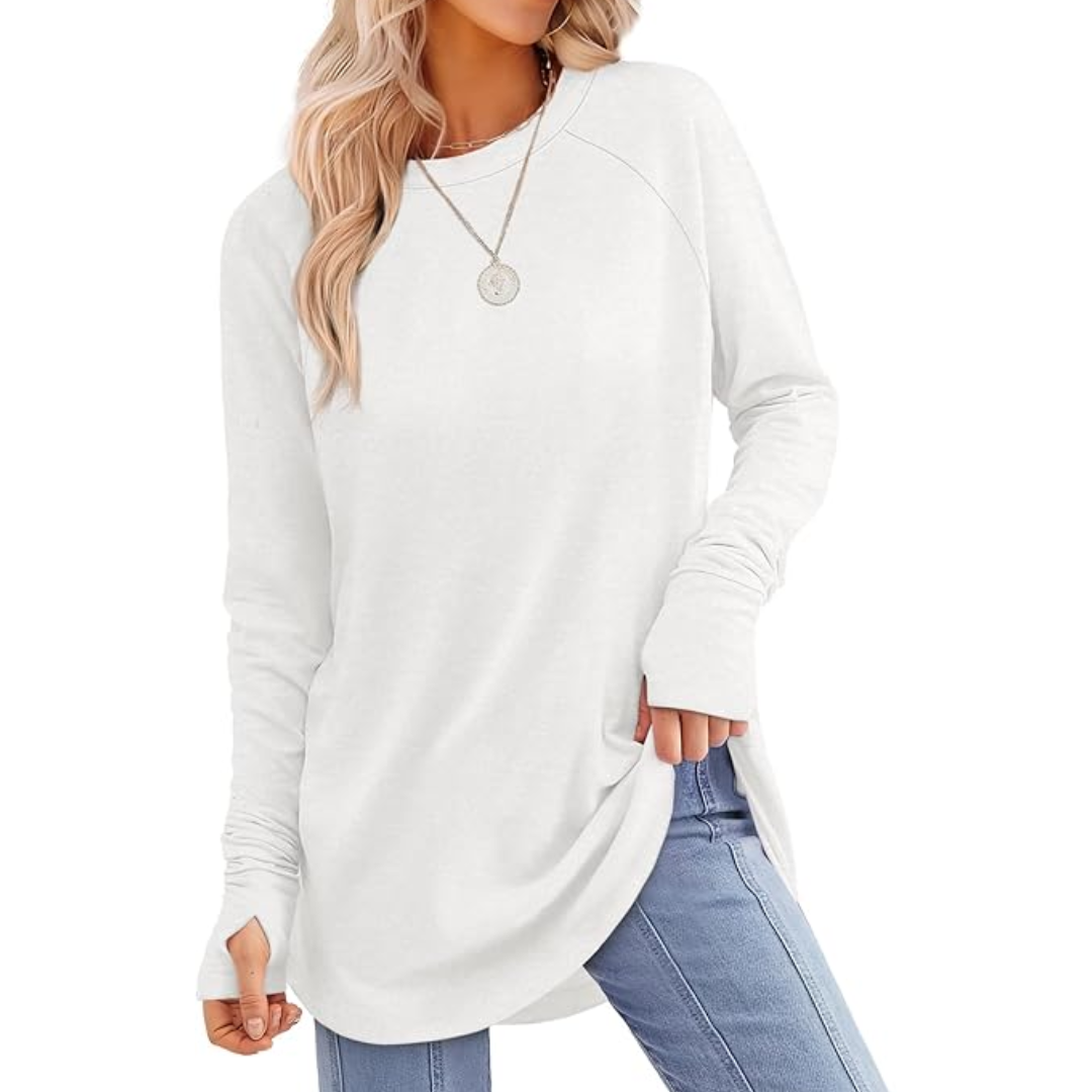 Ladies Long Sleeve Tunic Top with Thumbholes - Tamari-White-S-Nora Luxe